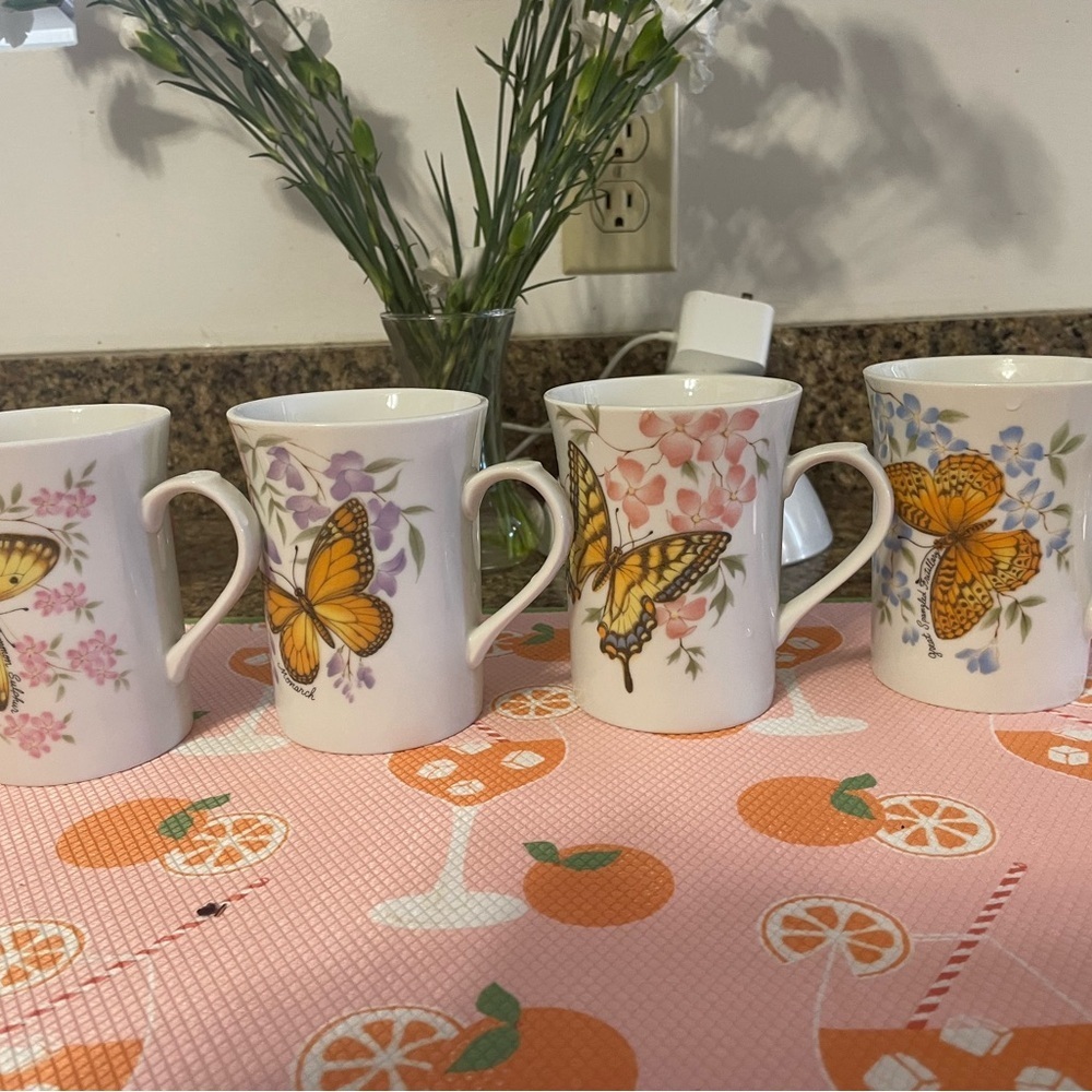 Vintage Richmond Mugs (4), Porcelain China Butterfly Cups, Hand Decorated, UK.